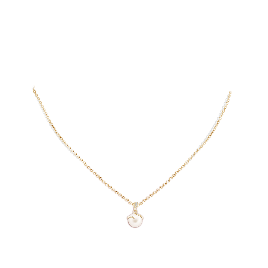 8mm AA Freshwater Pearl Spiral Pendant with Diamonds in Yellow Gold body-neck