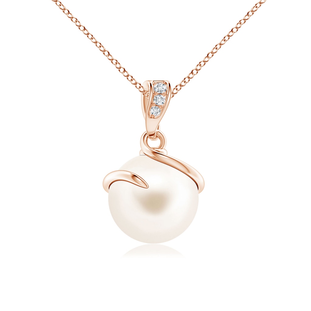 8mm AAA Freshwater Pearl Spiral Pendant with Diamonds in Rose Gold