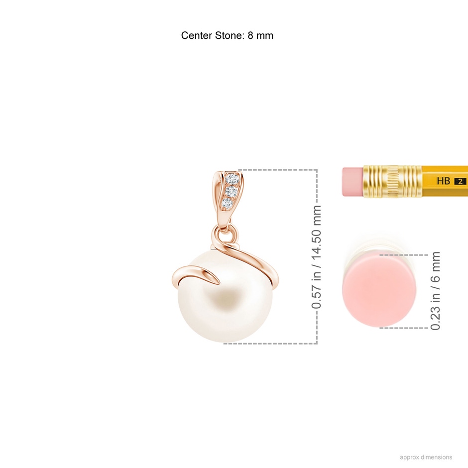 8mm AAA Freshwater Pearl Spiral Pendant with Diamonds in Rose Gold ruler