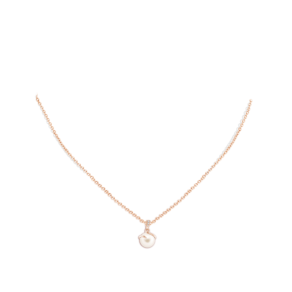 8mm AAA Freshwater Pearl Spiral Pendant with Diamonds in Rose Gold body-neck