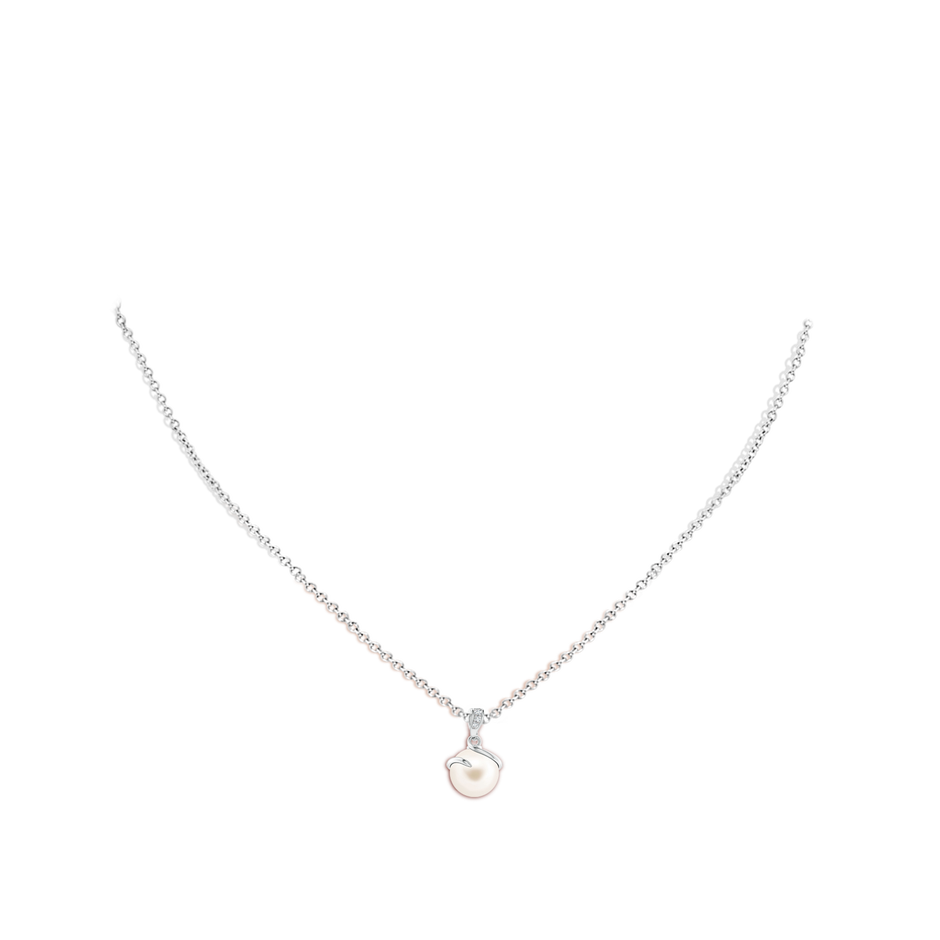8mm AAA Freshwater Pearl Spiral Pendant with Diamonds in S999 Silver body-neck