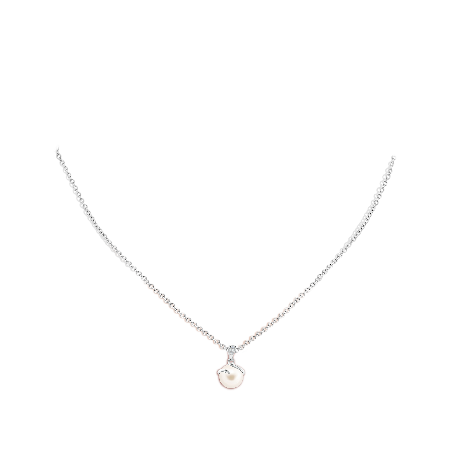 8mm AAA Freshwater Pearl Spiral Pendant with Diamonds in White Gold - body_neck