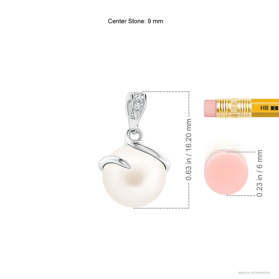 9mm AA Freshwater Pearl Spiral Pendant with Diamonds in S999 Silver ruler