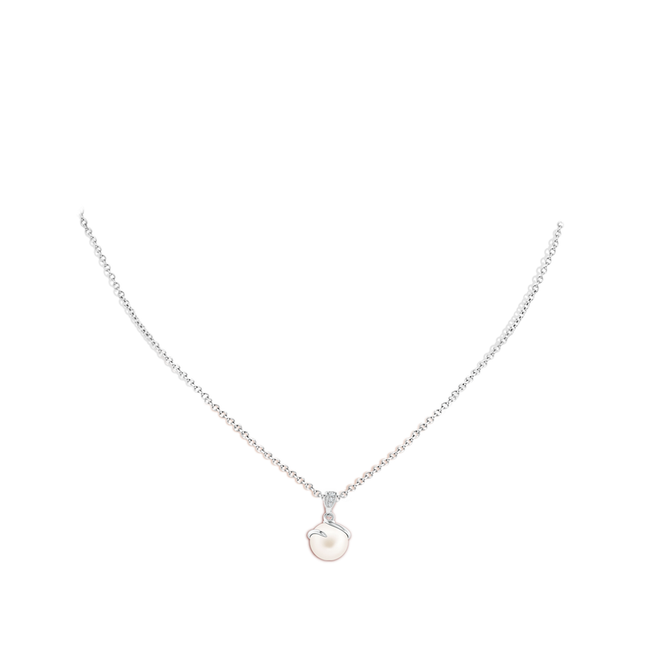 9mm AA Freshwater Pearl Spiral Pendant with Diamonds in S999 Silver body-neck