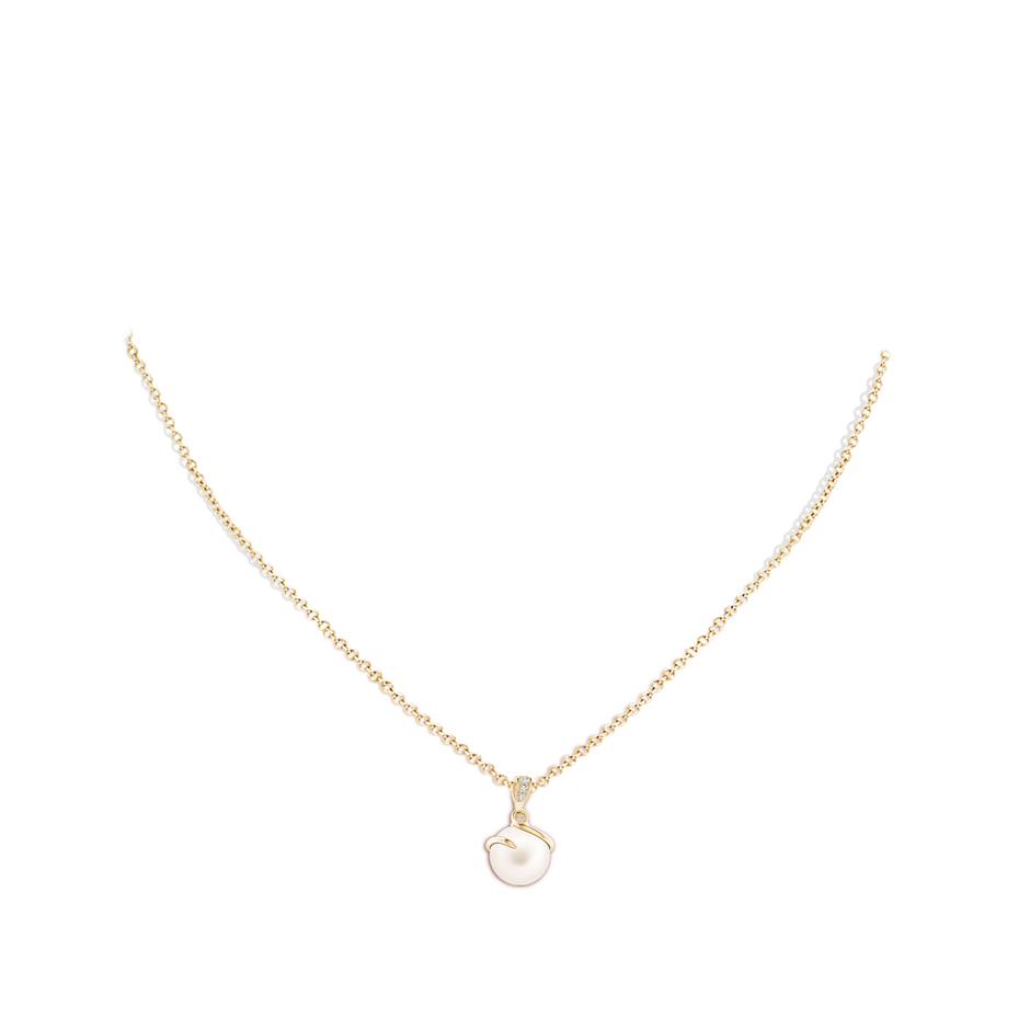 9mm AA Freshwater Pearl Spiral Pendant with Diamonds in Yellow Gold body-neck