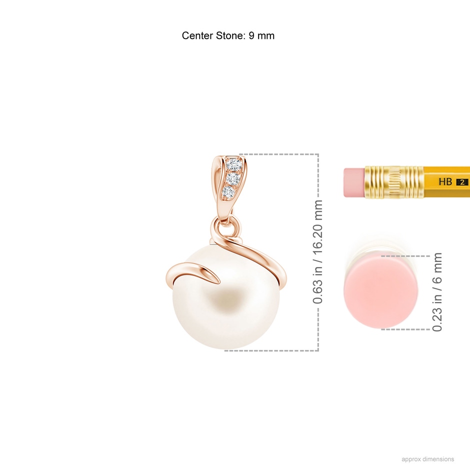 9mm AAA Freshwater Pearl Spiral Pendant with Diamonds in Rose Gold ruler