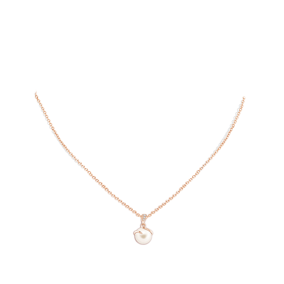9mm AAA Freshwater Pearl Spiral Pendant with Diamonds in Rose Gold body-neck