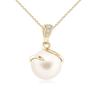 9mm AAA Freshwater Pearl Spiral Pendant with Diamonds in Yellow Gold
