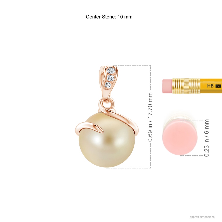 10mm AAA Golden South Sea Cultured Pearl Spiral Pendant with Diamonds in 18K Rose Gold ruler