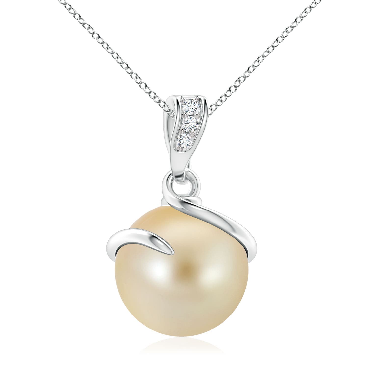 10mm AAA Golden South Sea Cultured Pearl Spiral Pendant with Diamonds in 18CT White Gold
