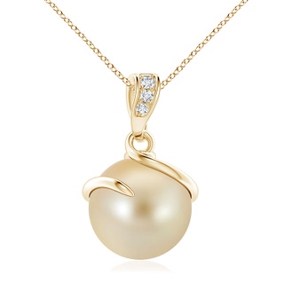 10mm AAA Golden South Sea Pearl Spiral Pendant with Diamonds in Yellow Gold