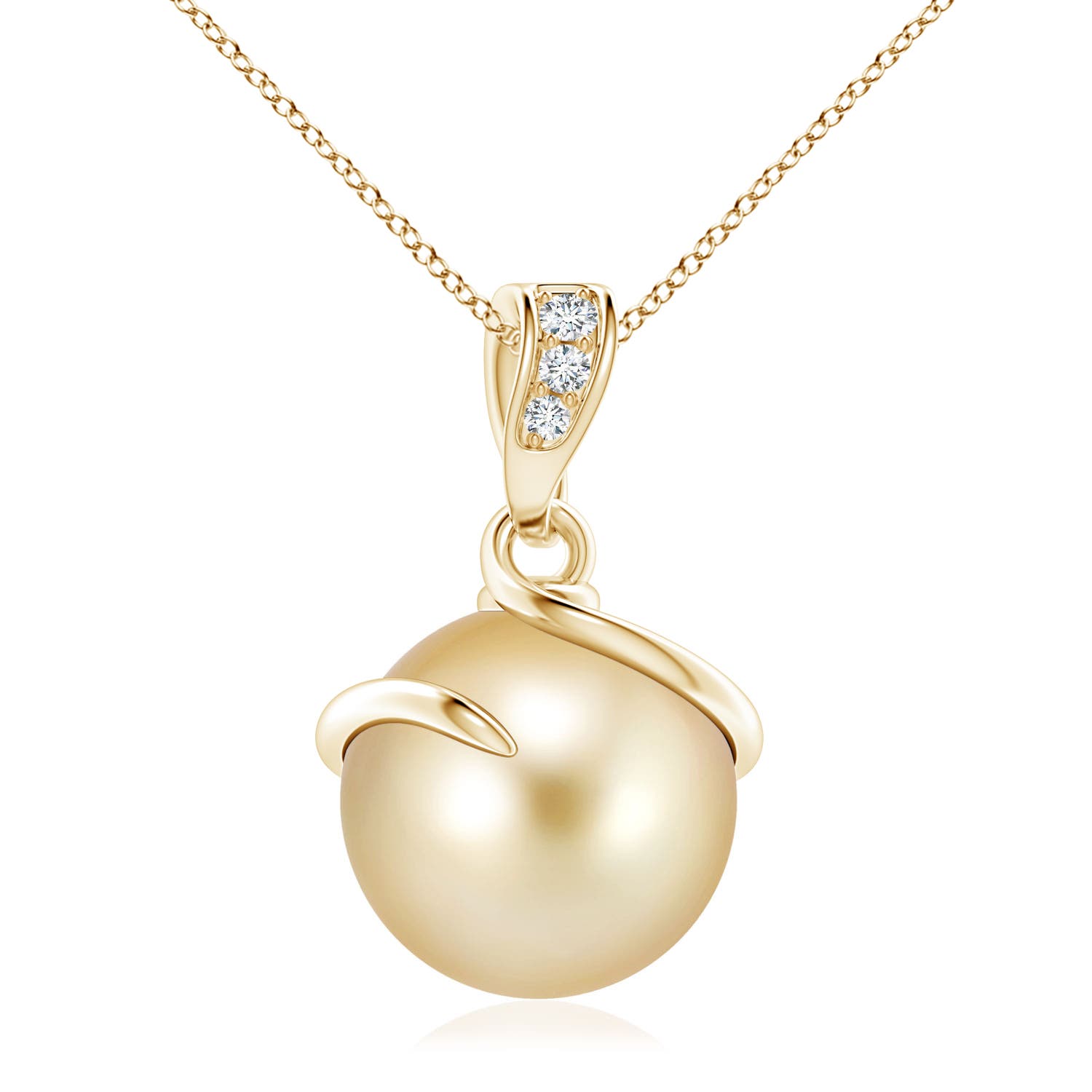 10mm AAAA Golden South Sea Cultured Pearl Spiral Pendant with Diamonds in 18CT Yellow Gold