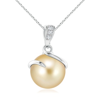 10mm AAAA Golden South Sea Pearl Spiral Pendant with Diamonds in White Gold