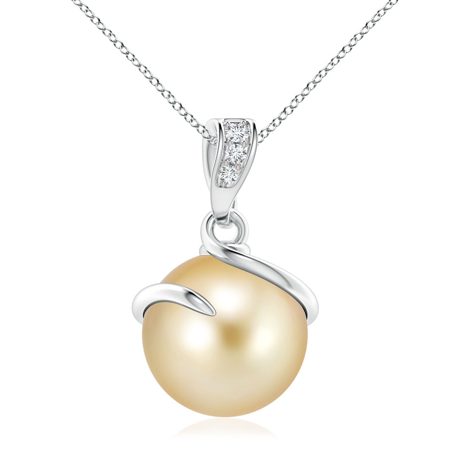 10mm AAAA Golden South Sea Pearl Spiral Pendant with Diamonds in White Gold 