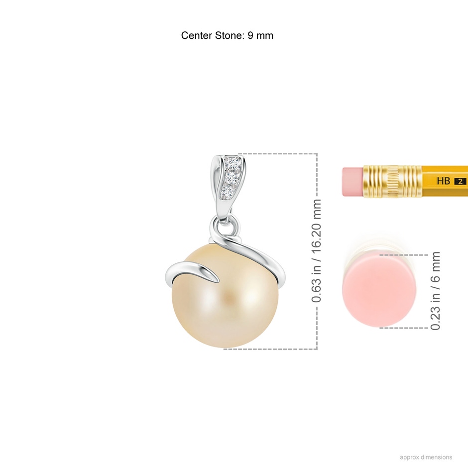 9mm AA Golden South Sea Cultured Pearl Spiral Pendant with Diamonds in S999 Silver ruler