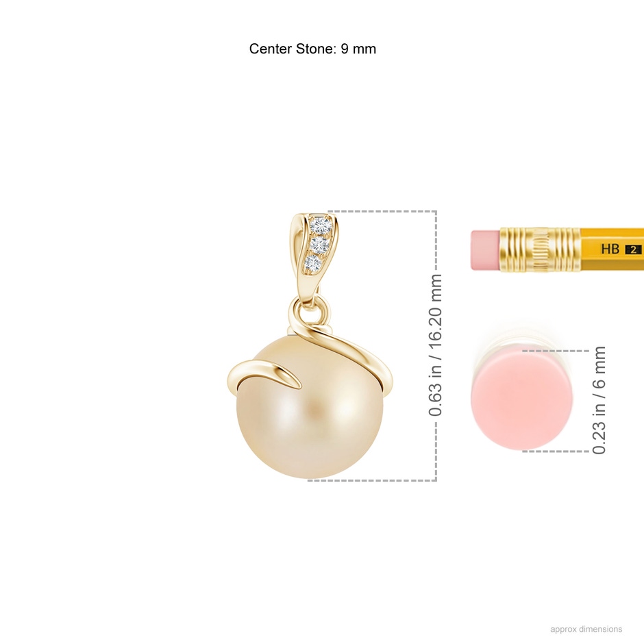 9mm AA Golden South Sea Cultured Pearl Spiral Pendant with Diamonds in Yellow Gold ruler