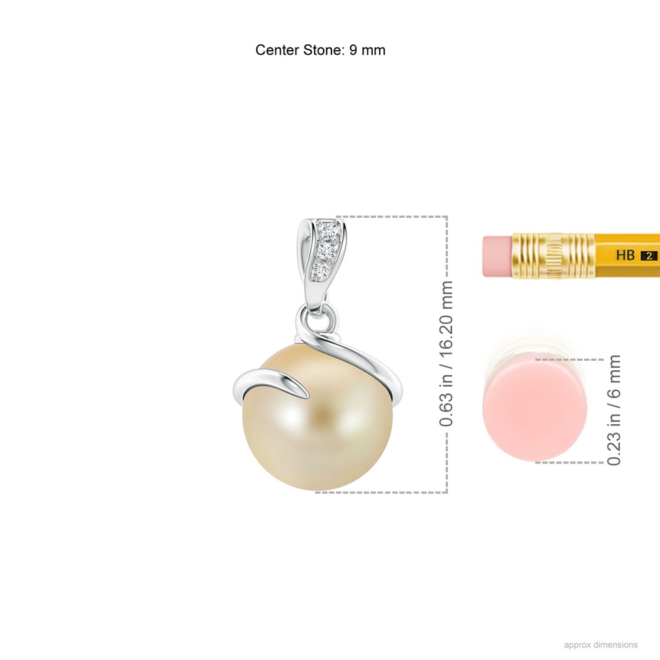9mm AAA Golden South Sea Cultured Pearl Spiral Pendant with Diamonds in S999 Silver ruler