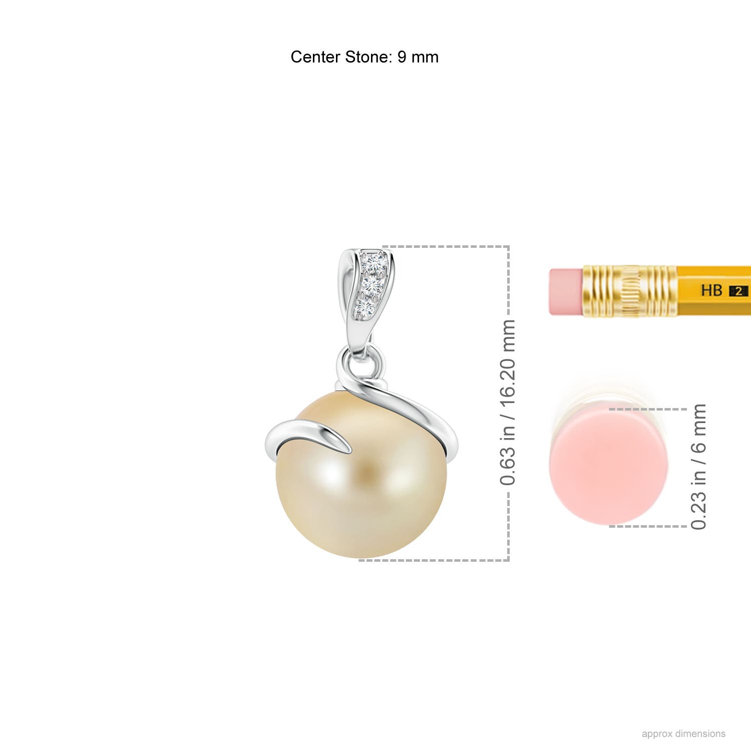 9mm AAA Golden South Sea Cultured Pearl Spiral Pendant with Diamonds in White Gold - ruler