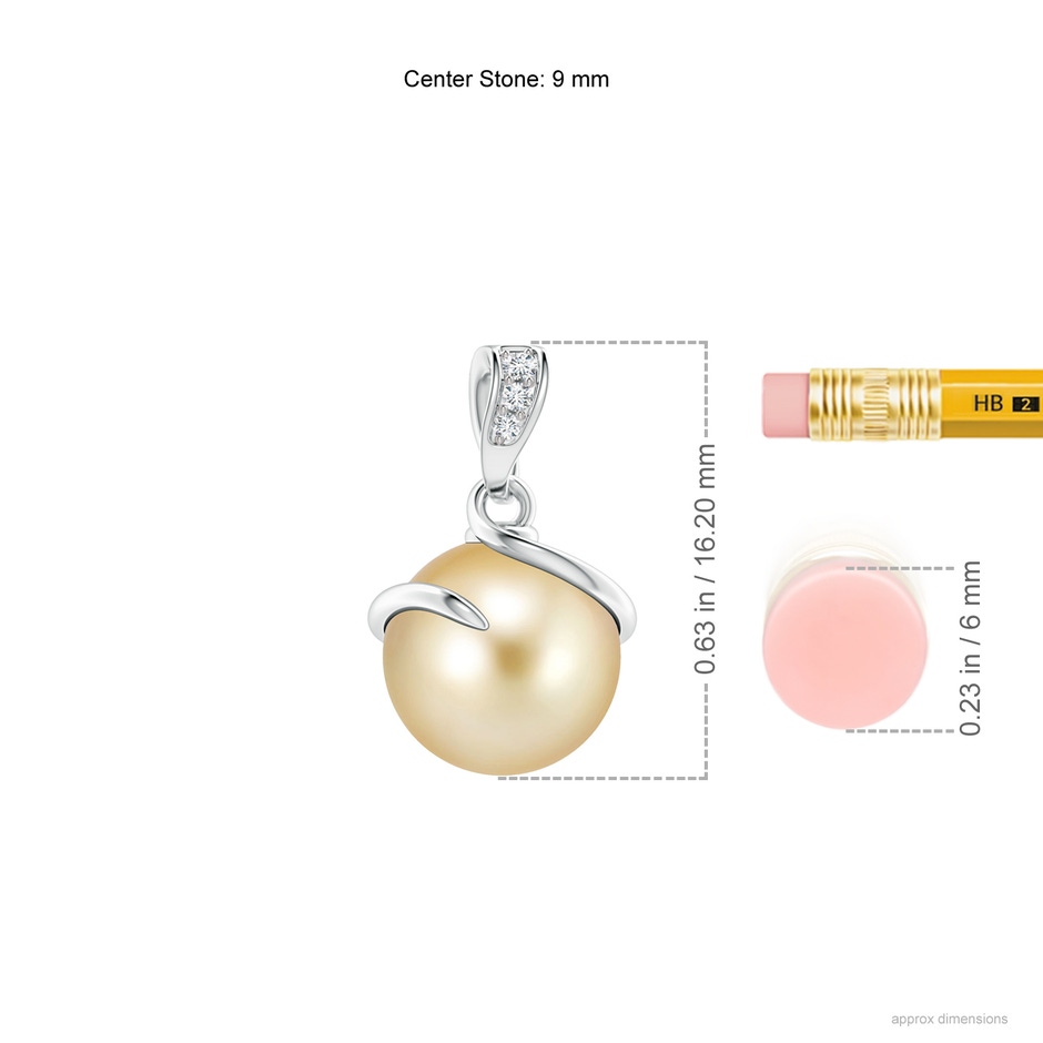 9mm AAAA Golden South Sea Cultured Pearl Spiral Pendant with Diamonds in S999 Silver ruler