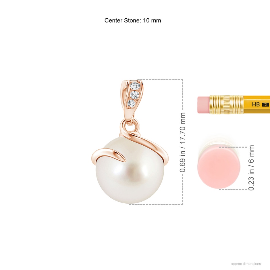 10mm AAAA South Sea Pearl Spiral Pendant with Diamonds in Rose Gold ruler