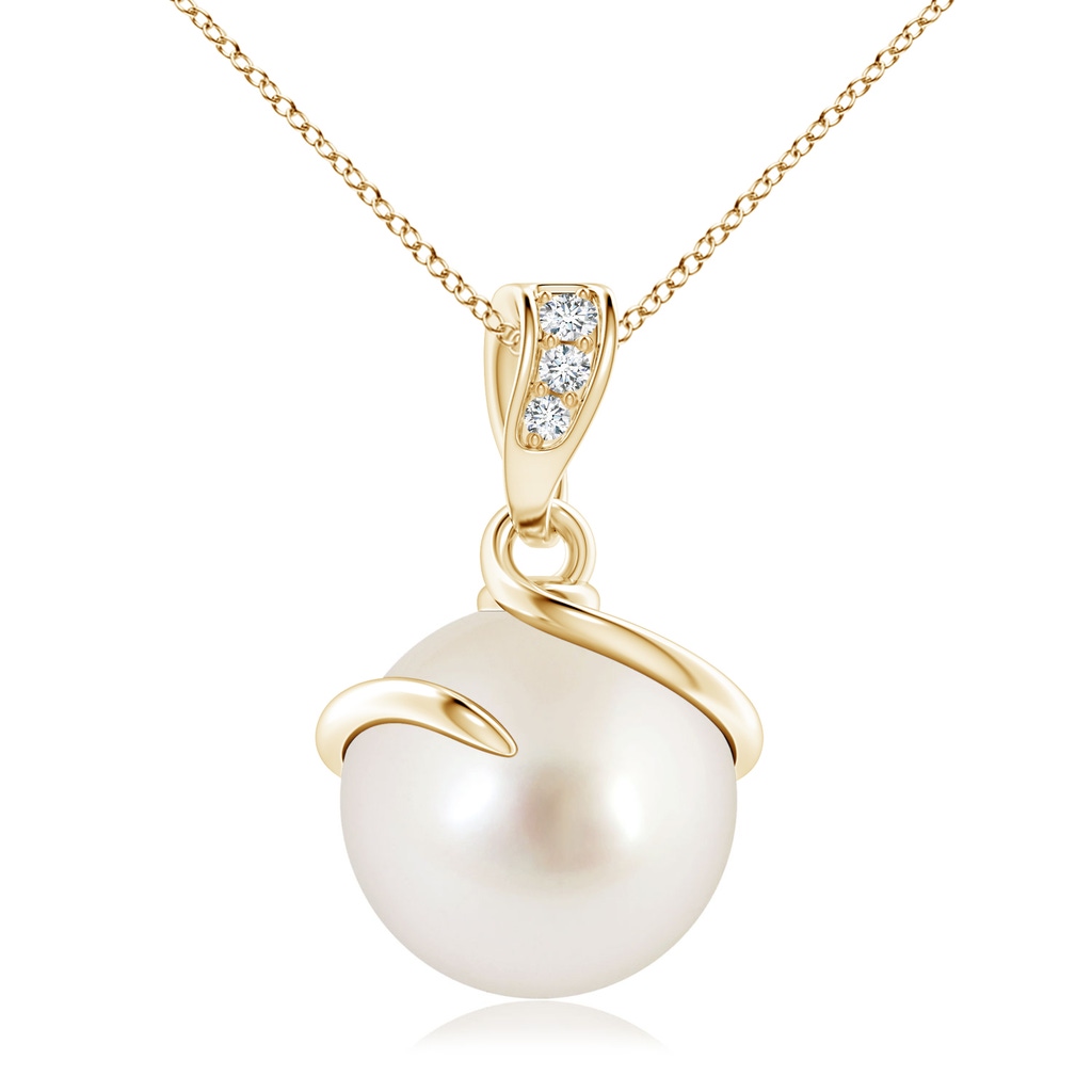 10mm AAAA South Sea Pearl Spiral Pendant with Diamonds in Yellow Gold