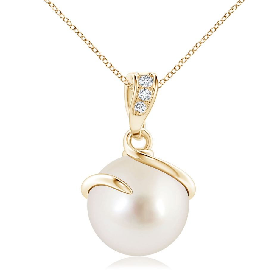 10mm AAAA South Sea Pearl Spiral Pendant with Diamonds in Yellow Gold 