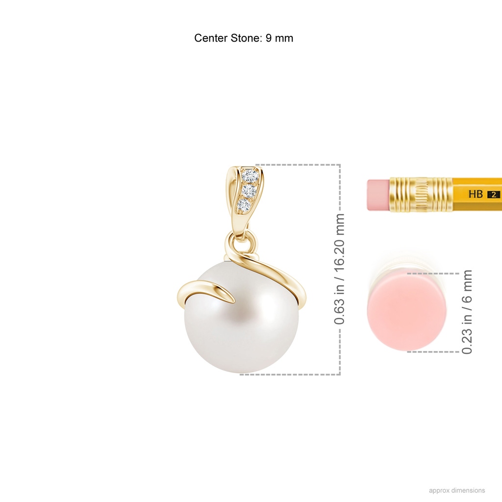 9mm AAA South Sea Pearl Spiral Pendant with Diamonds in Yellow Gold ruler