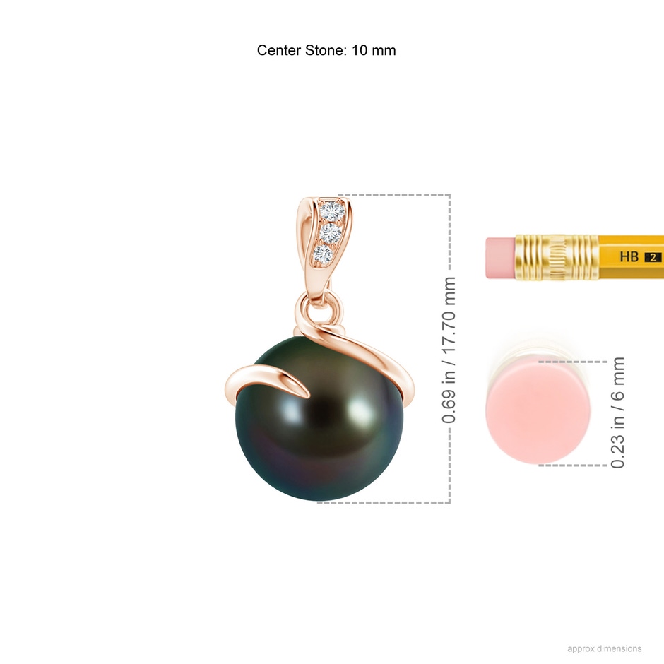 10mm AAAA Tahitian Pearl Spiral Pendant with Diamonds in Rose Gold ruler