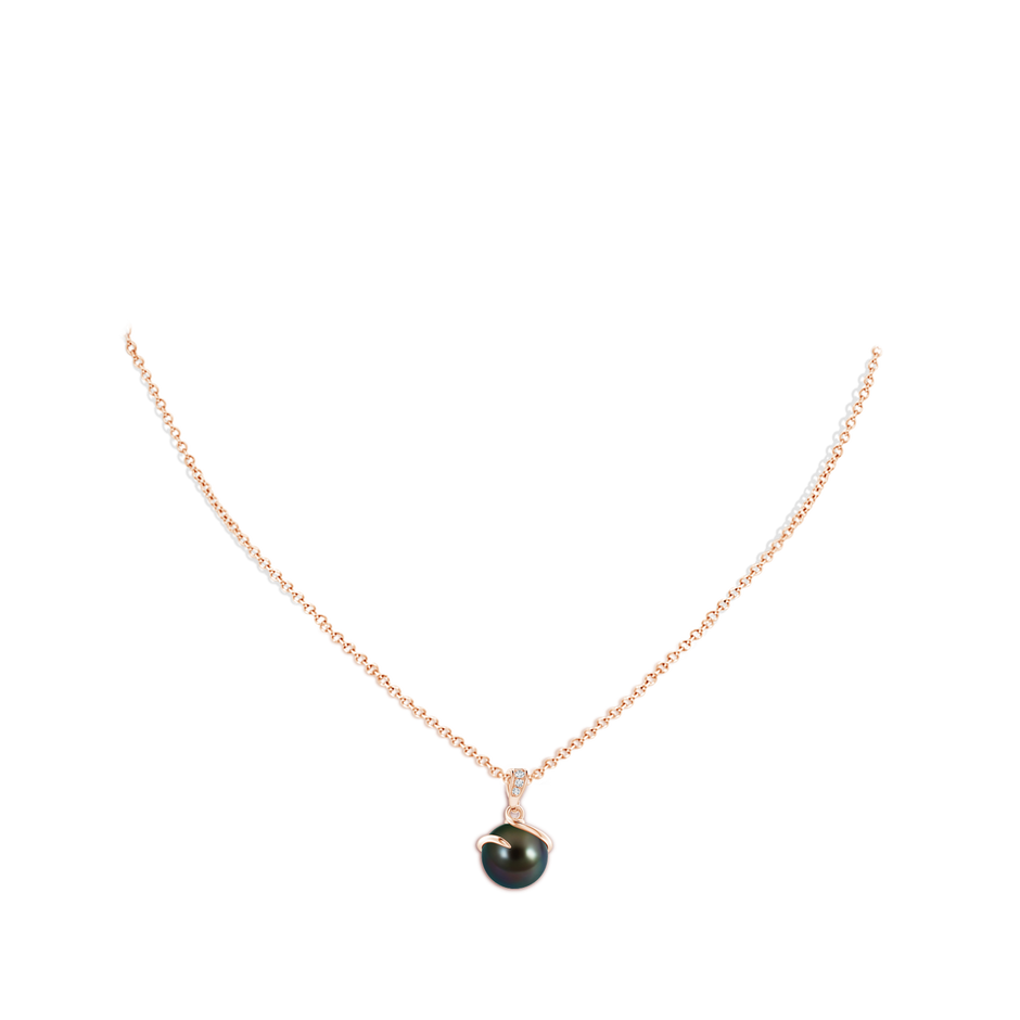 10mm AAAA Tahitian Pearl Spiral Pendant with Diamonds in Rose Gold body-neck