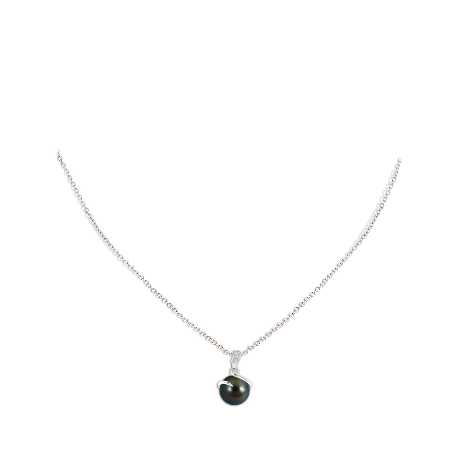 10mm AAAA Tahitian Pearl Spiral Pendant with Diamonds in White Gold body-neck
