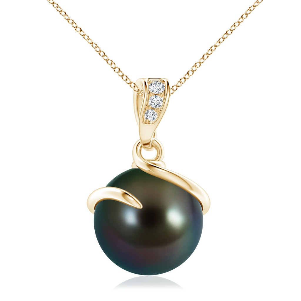 10mm AAAA Tahitian Pearl Spiral Pendant with Diamonds in Yellow Gold