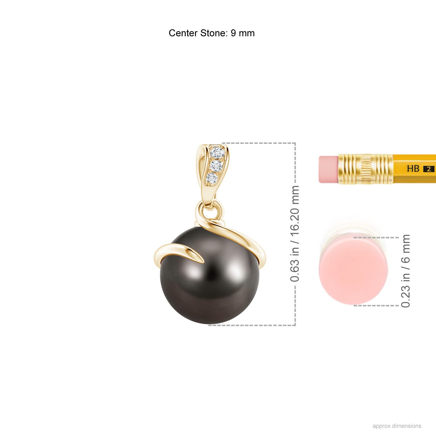 9mm AAA Tahitian Pearl Spiral Pendant with Diamonds in Yellow Gold - ruler