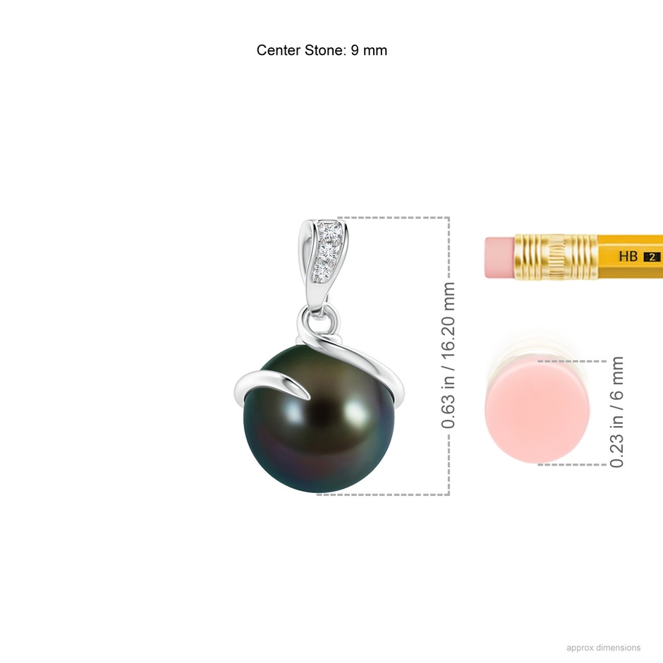 9mm AAAA Tahitian Pearl Spiral Pendant with Diamonds in S999 Silver ruler