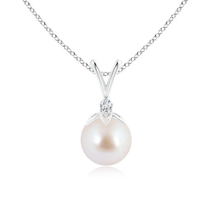 8mm AAA Japanese Akoya Pearl V-Bale Pendant with Diamond in White Gold 