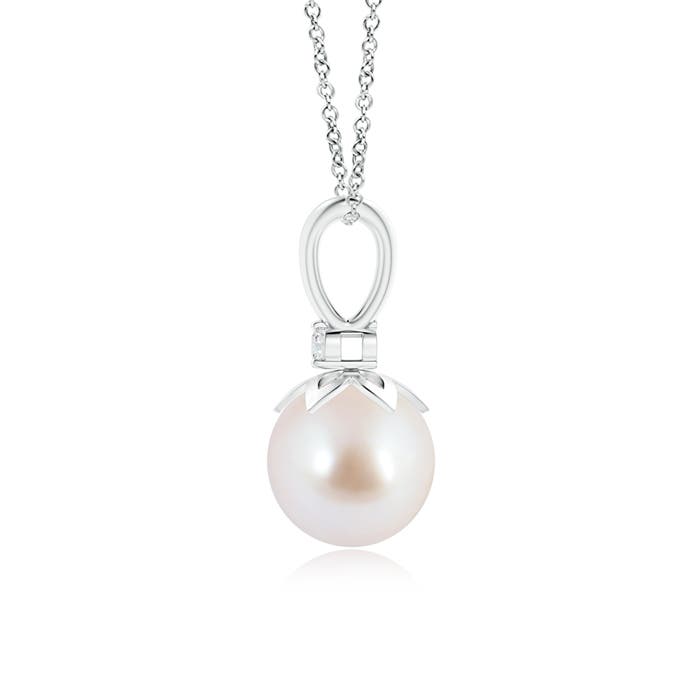 8mm AAA Japanese Akoya Pearl V-Bale Pendant with Diamond in White Gold