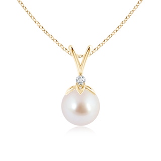 8mm AAA Japanese Akoya Pearl V-Bale Pendant with Diamond in Yellow Gold