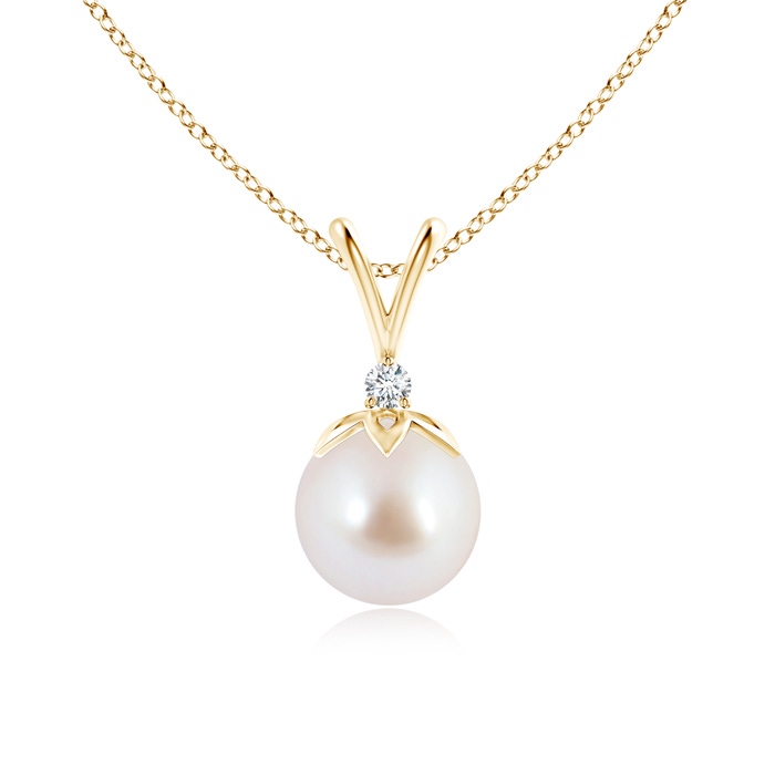 8mm AAA Japanese Akoya Pearl V-Bale Pendant with Diamond in Yellow Gold 