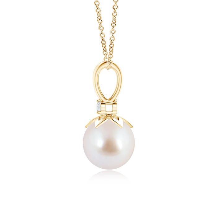 8mm AAA Japanese Akoya Pearl V-Bale Pendant with Diamond in Yellow Gold - side 1