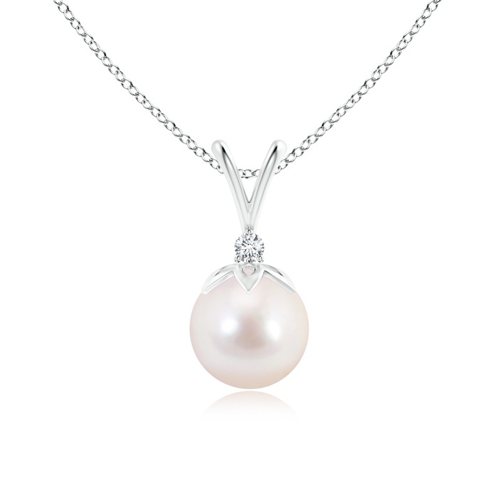 8mm AAAA Japanese Akoya Pearl V-Bale Pendant with Diamond in White Gold