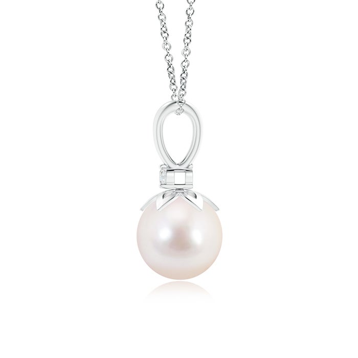 8mm AAAA Japanese Akoya Pearl V-Bale Pendant with Diamond in White Gold - side 1