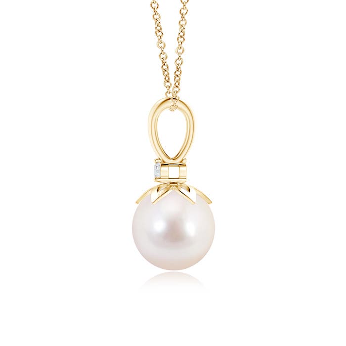 8mm AAAA Japanese Akoya Pearl V-Bale Pendant with Diamond in Yellow Gold