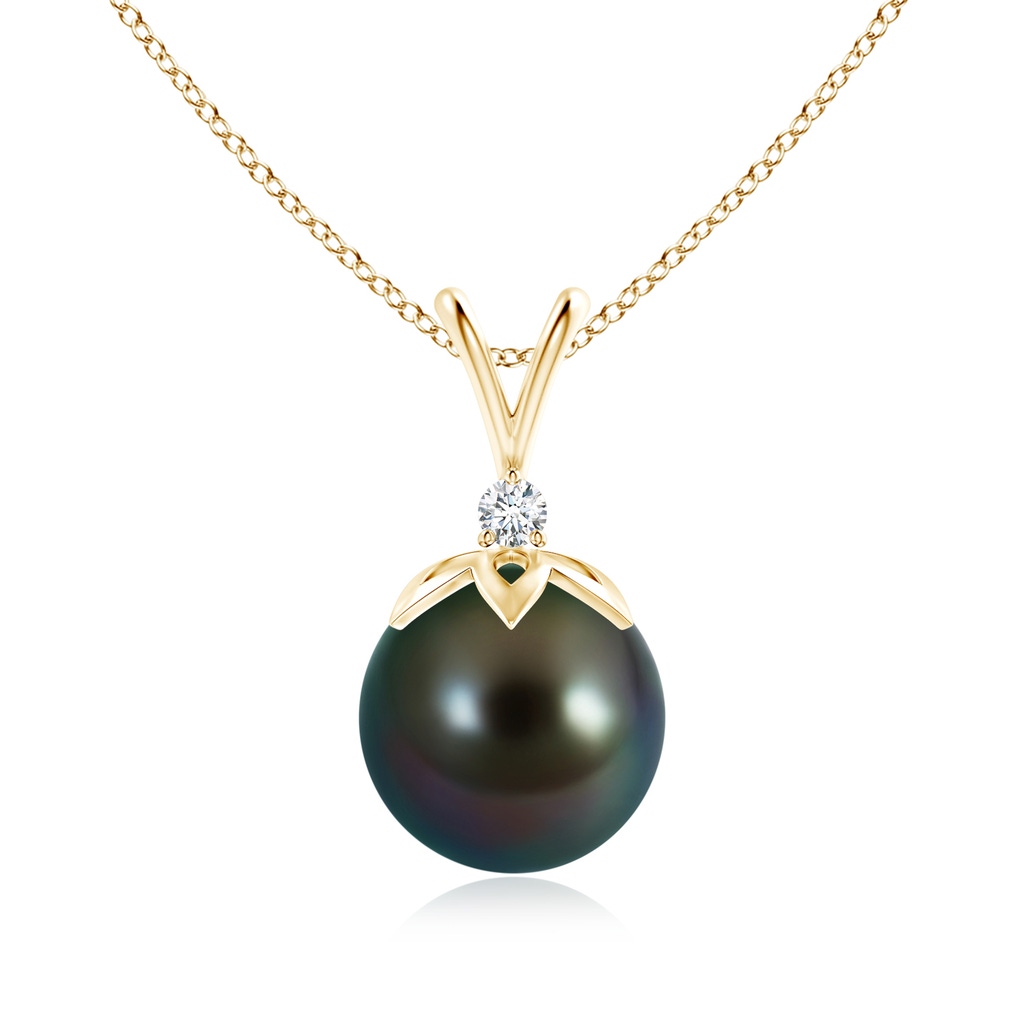 10mm AAAA Tahitian Pearl V-Bale Pendant with Diamond in Yellow Gold