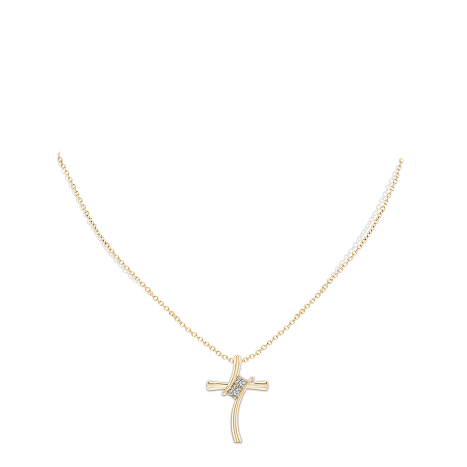 3.5mm KI3 Two Stone Diamond Bypass Cross Pendant in Yellow Gold body-neck