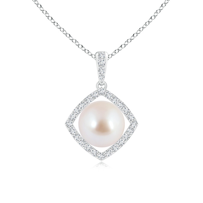 8mm AAA Floating Akoya Cultured Pearl Pendant with Diamond Halo in White Gold