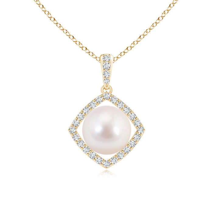 8mm AAAA Floating Akoya Cultured Pearl Pendant with Diamond Halo in Yellow Gold