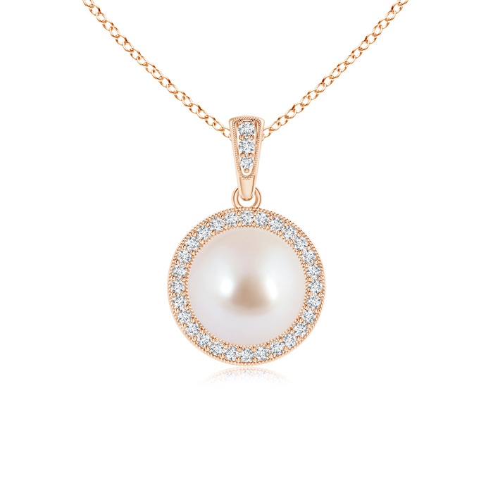 8mm AAA Akoya Cultured Pearl and Diamond Halo Pendant in Rose Gold