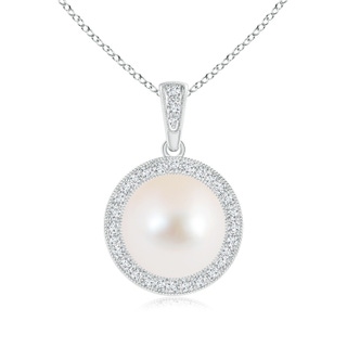 10mm AAA Freshwater Cultured Pearl and Diamond Halo Pendant in White Gold
