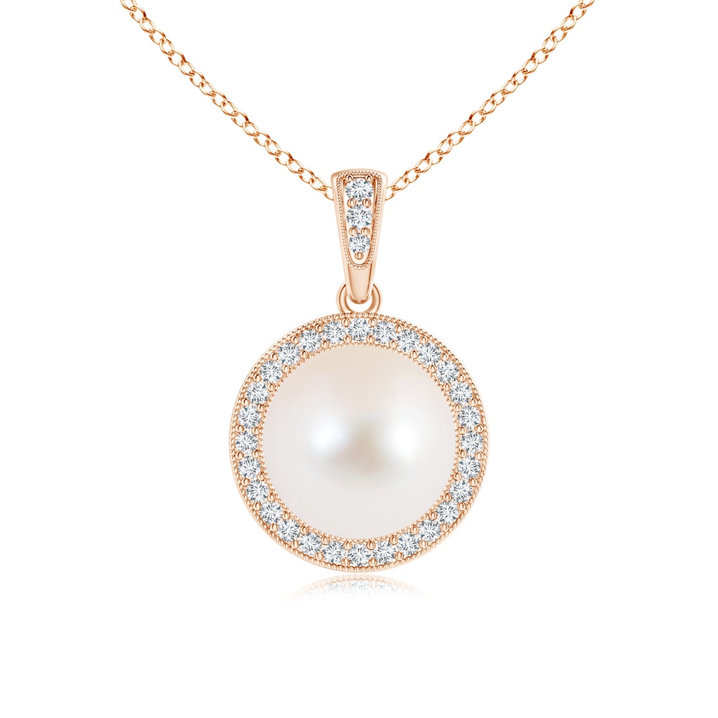 9mm AAA Freshwater Cultured Pearl and Diamond Halo Pendant in Rose Gold