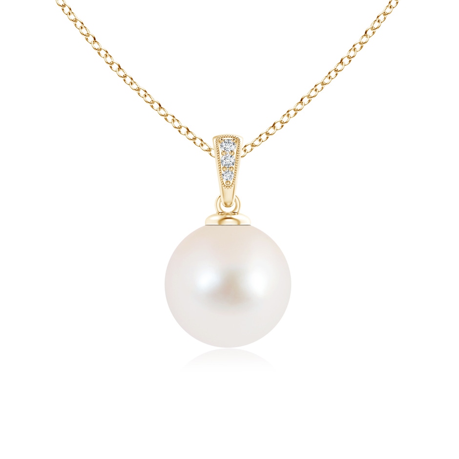 10mm AAA Solitaire Freshwater Pearl Pendant with Diamonds in Yellow Gold 