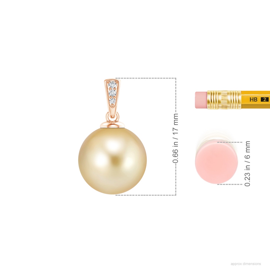 10mm AAAA Golden South Sea Cultured Pearl Pendant with Diamonds in Rose Gold ruler